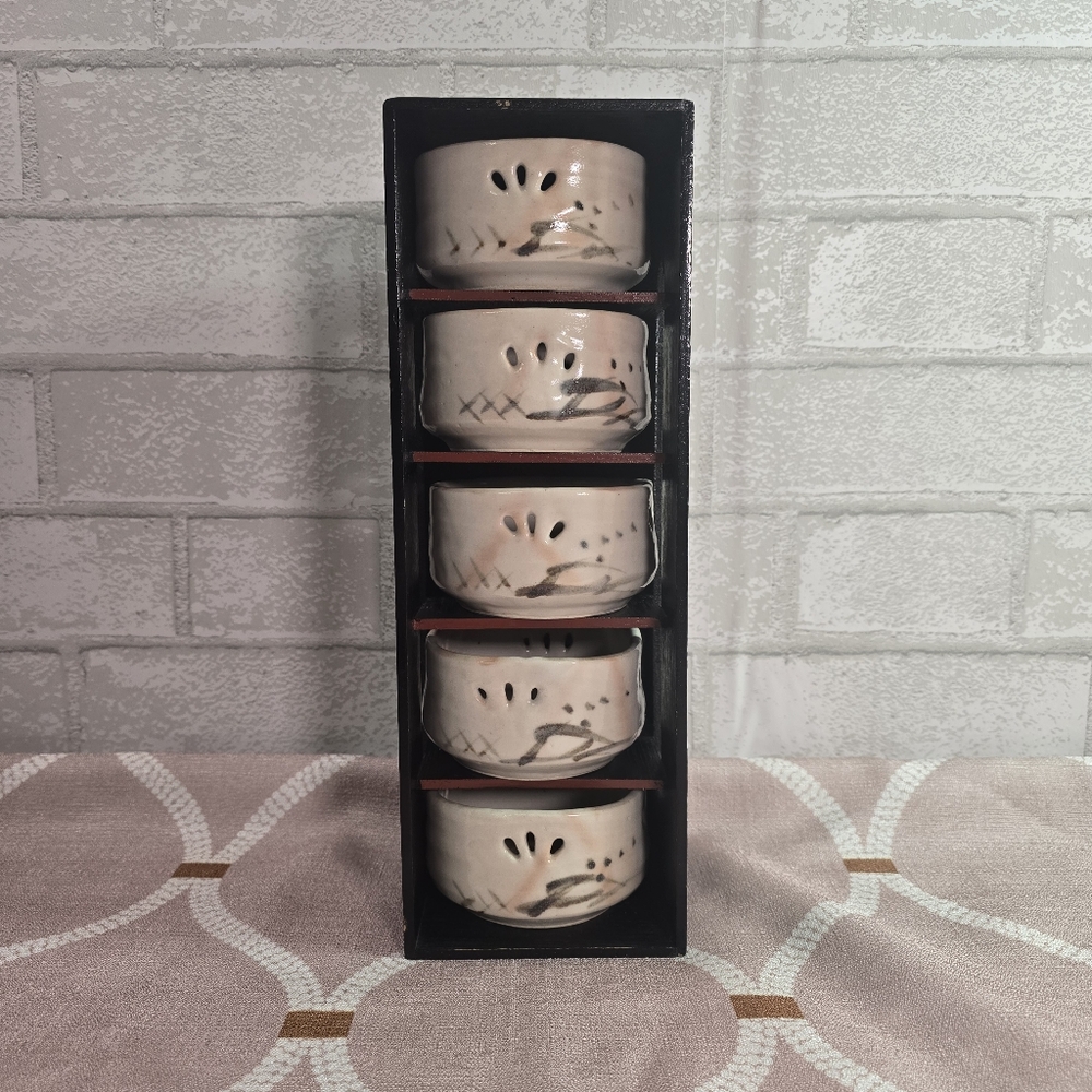 Vintage Japanese Tea Ceremony Matcha Handmade Bowl Pottery Set of 5 Display Box